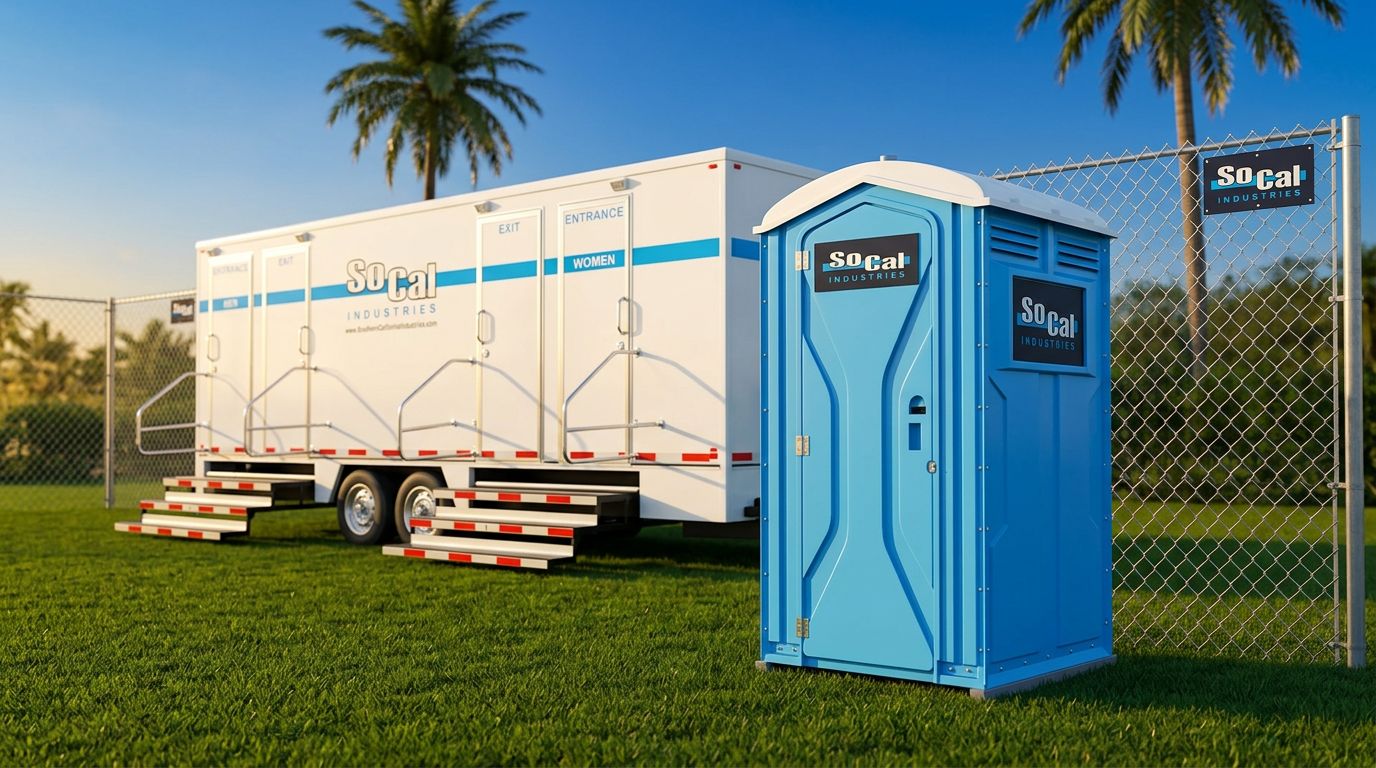 SoCal Industries portable restroom and chain-link fence at a Southern California job site